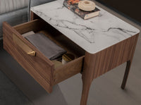 Comodino in noce con piano in vetro finto marmo e illuminazione interna