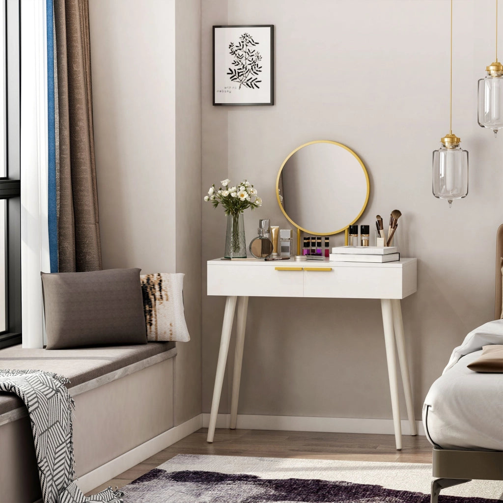 Consolle Trucco con Specchio e 2 Cassetti 80x40x123 cm in Legno Bianco