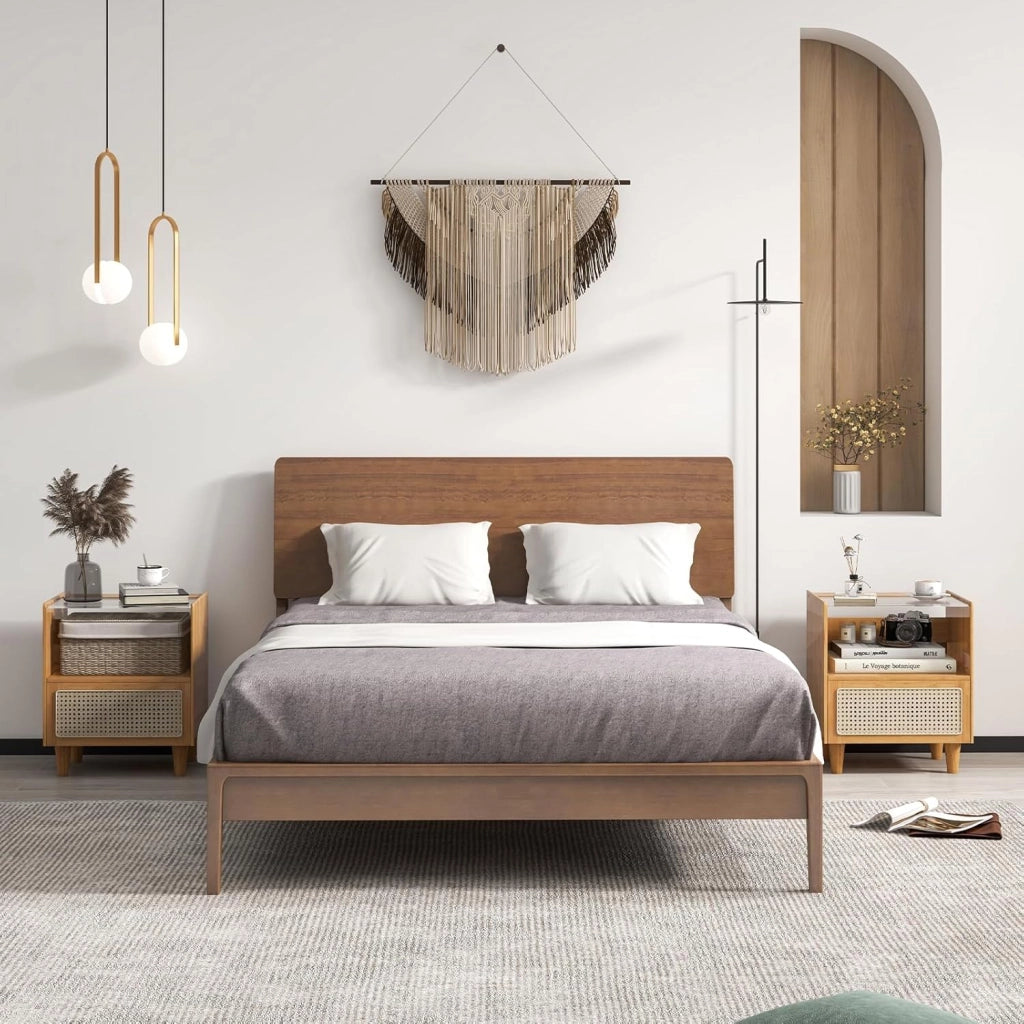 Comodino in Bambù, Comodone da Letto con Cassetto in Rattan e Scomparto Aperto, Tavolino con Piano in Vetro, 43 x 35 x 50 cm (2 Naturale)