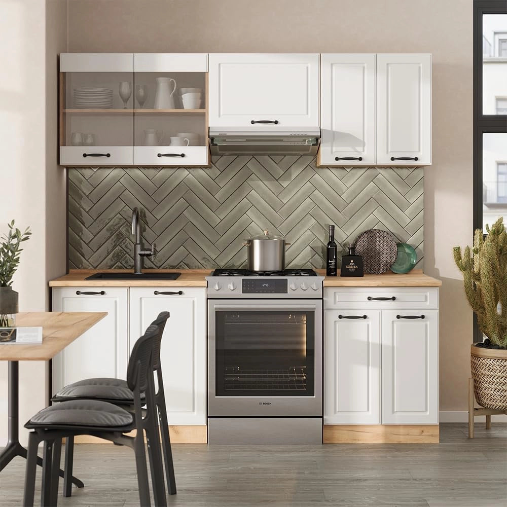 Cucina componibile R-Line, Casa di campagna bianca/quercia dorata, 200 cm, PL Antracite, adatto per l'espansione personalizzata tramite moduli aggiuntivi