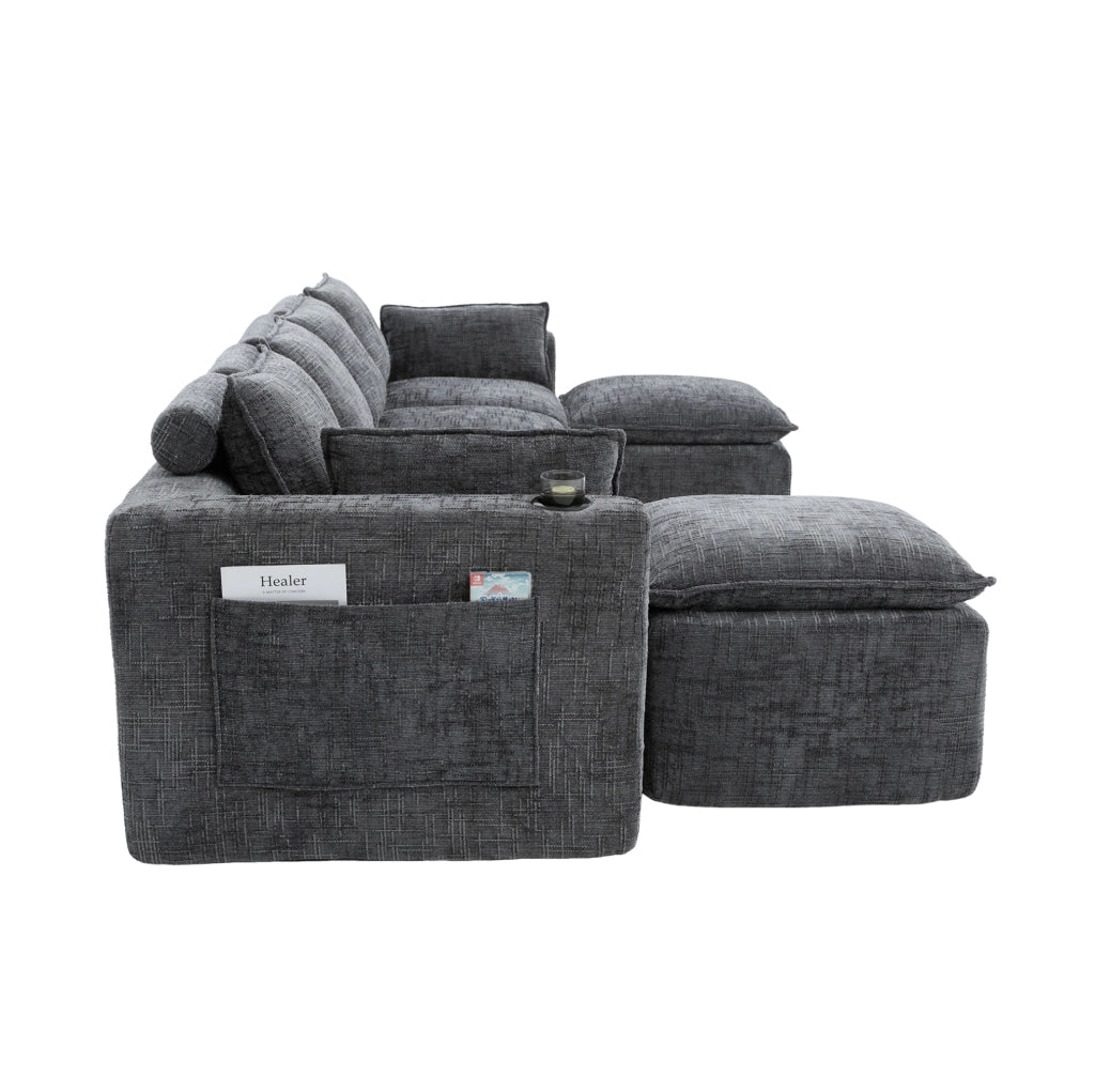 Divano modulare componibile 322x161x75 cm in chenille grigio scuro; con tasche laterali e cuscini