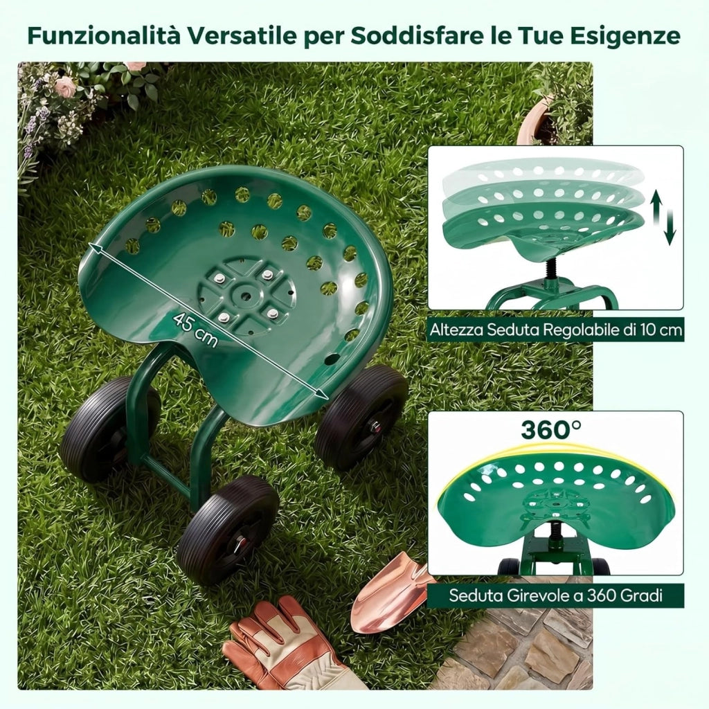 Sgabello con Ruote per Giardinaggio, Sedile con Ruote Regolabile in Altezza e Portatile, Seggiolino da Giardino, Prato e Cortile, Portata 150kg (Verde)