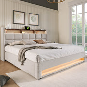 Letto imbottito 180x200 cm beige con LED, USB e vano contenitore