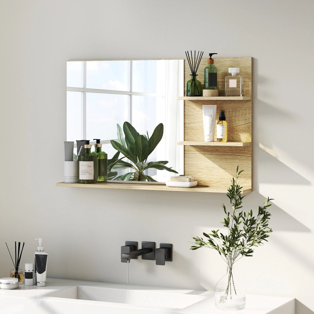 Specchio Bagno con Ripiani Laterali e Inferiore ¨C zephmum ¨C Legno, Vetro, 75x10x48 cm