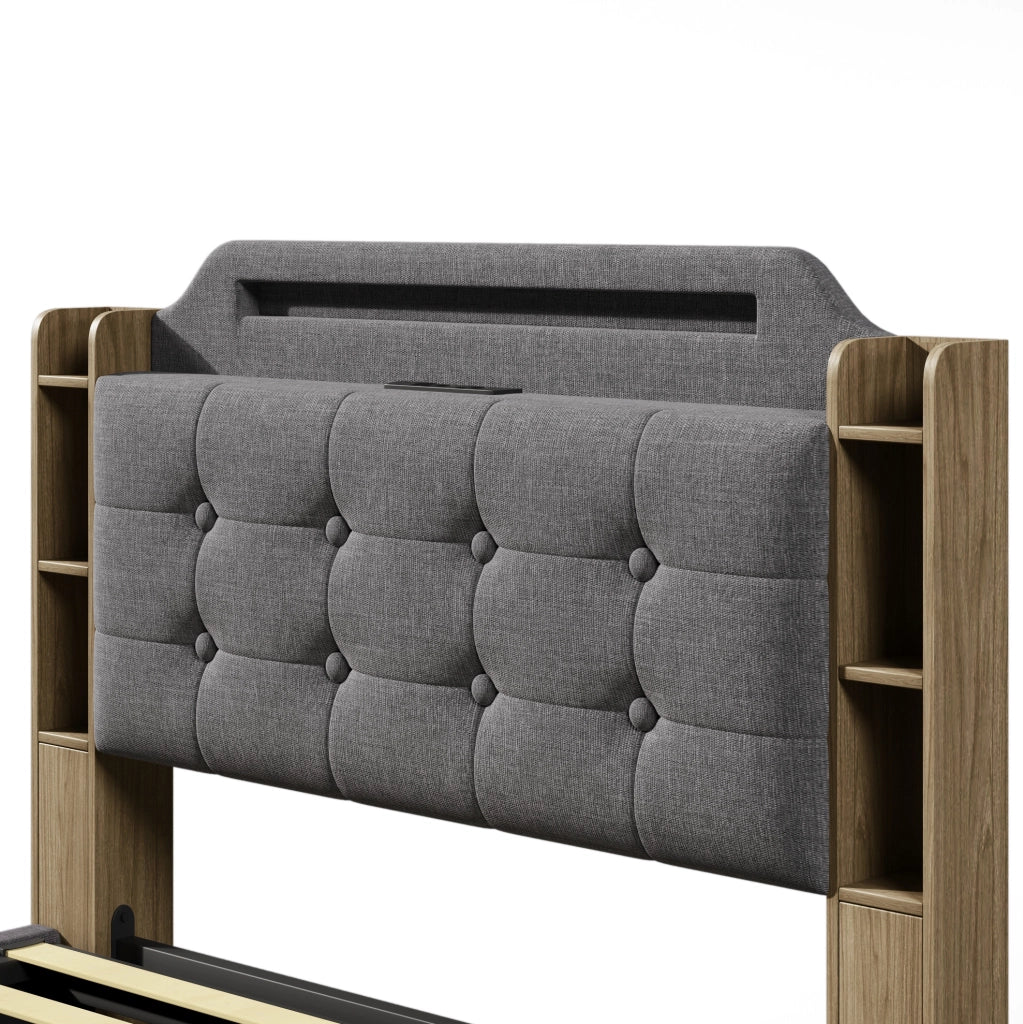 Letto imbottito 140x200 cm con LED, contenitore idraulico e USB Type-C