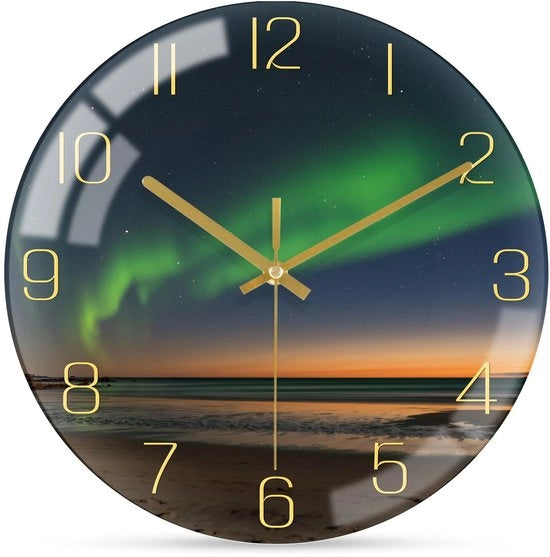 Orologio da Parete con Aurora Boreale, Piccolo 20cm, Moderno, Vetro, Silenzioso, Nero e Oro