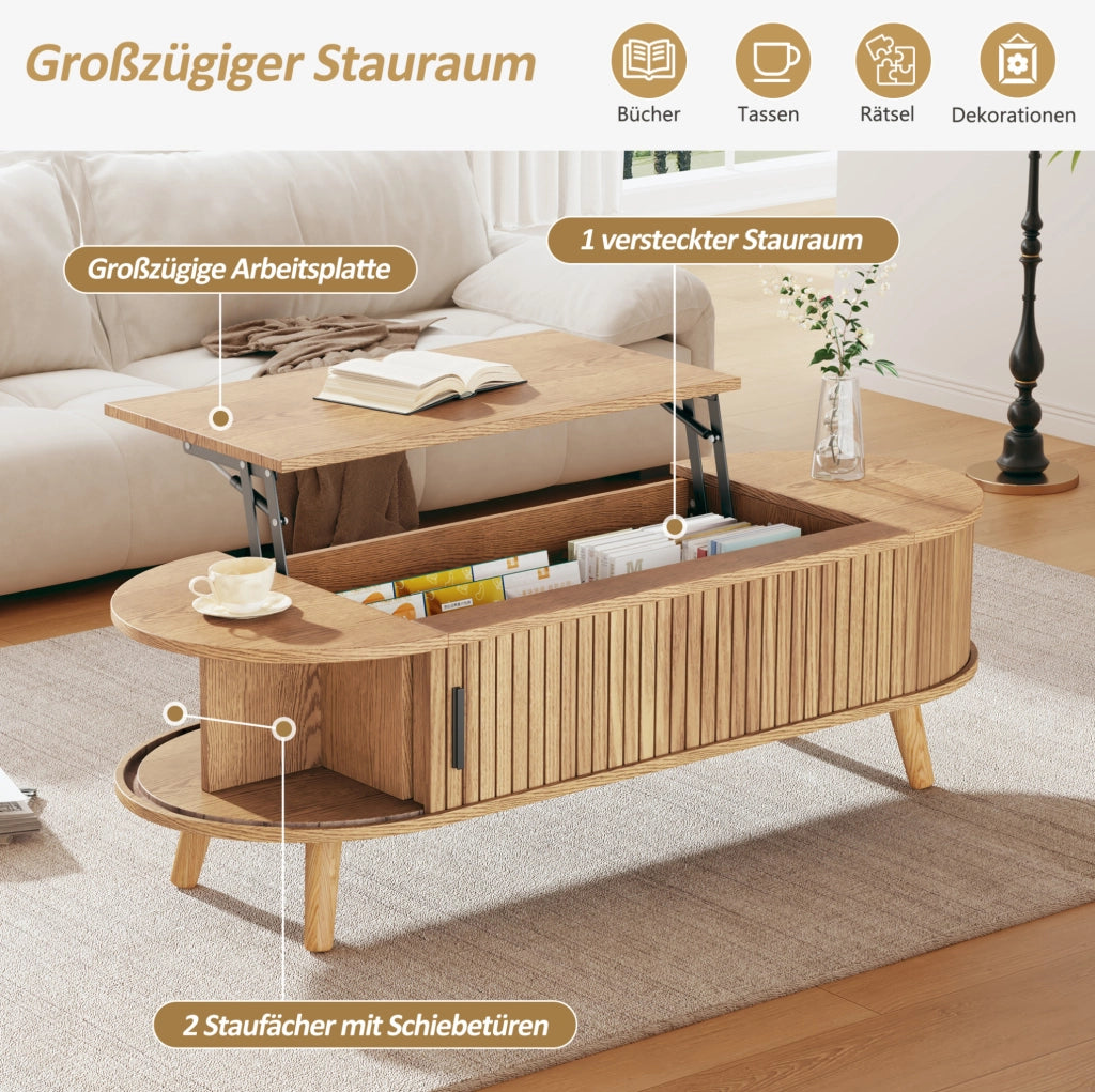 Tavolino da caffè sollevabile 120x50 cm in MDF effetto legno naturale; con contenitore nascosto