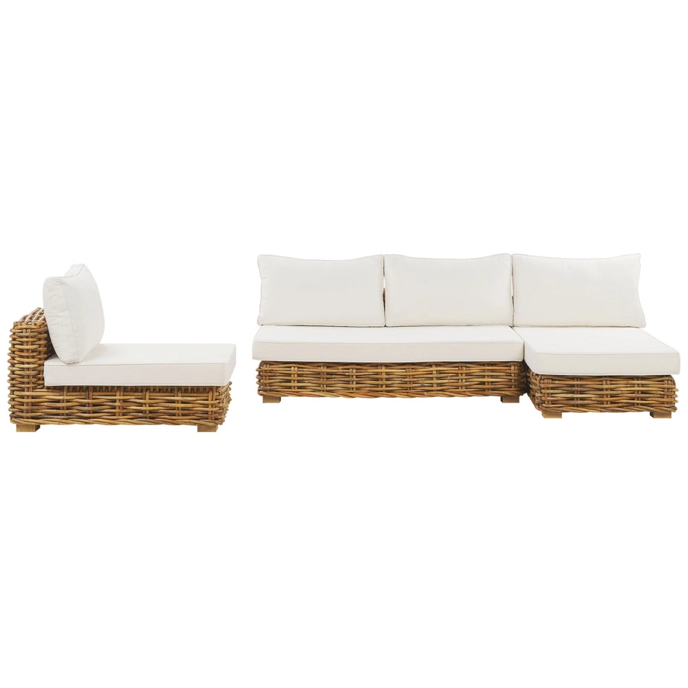 Set di conversazione da giardino cuscini bianchi in rattan naturale divano da esterno con tavolino sinistro