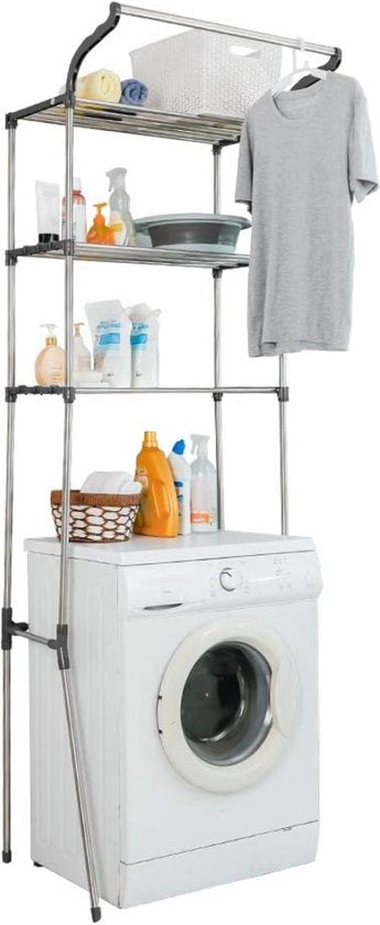 Scaffale di Stoccaggio per Sopra la Lavatrice e il Water - 3 Livelli di Stoccaggio per la Stanza da Bagno - Scaffale con Sostegno per Abiti - Montaggio Facile - 68W x 49,5D x 210H cm - Grigio