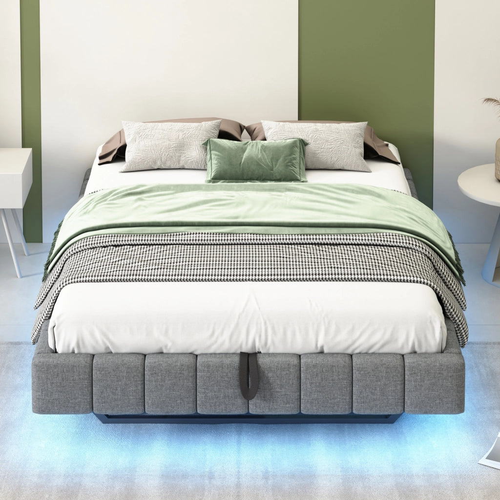 Letto imbottito flottante 140x200 cm con contenitore; LED a luce variabile; grigio