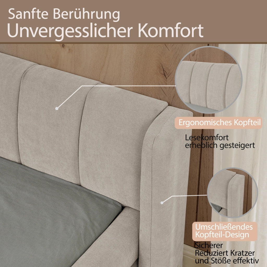 Letto Matrimoniale 140 x 200 cm; in Ciniglia; Schienale Ergonomico; Beige