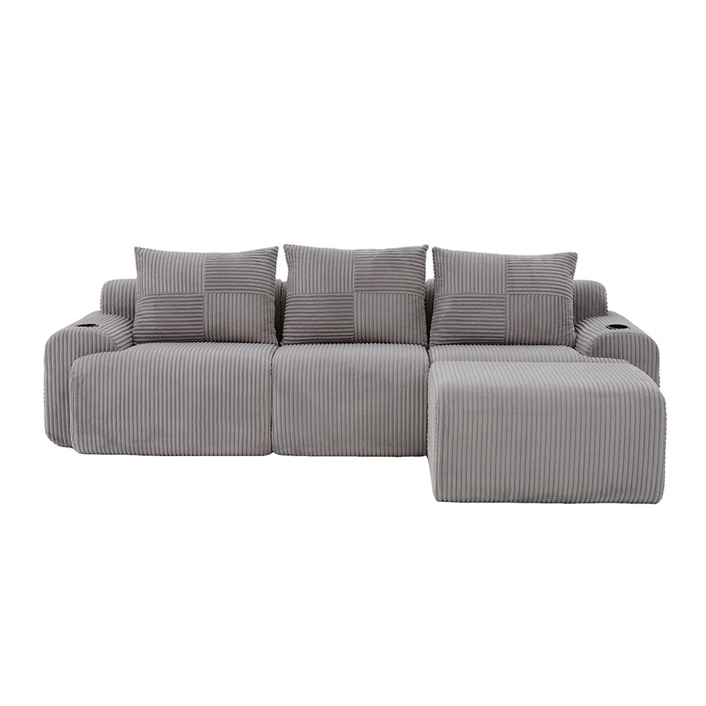 Canap¨¦ modulabile in velluto costato 3 posti - Xylo - Grigio chiaro con porta-bevande e tasche laterali