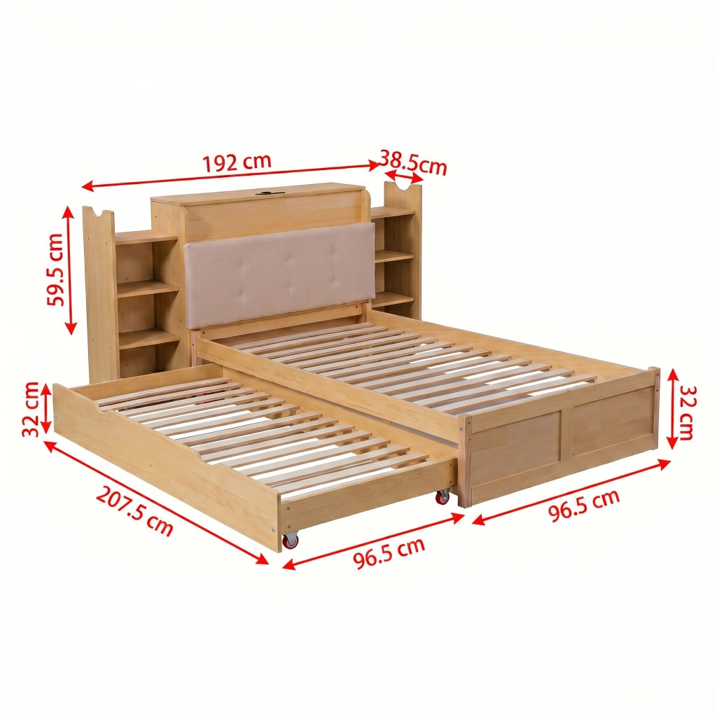 Letto estraibile 90 × 200 cm e 180 × 200 cm con ripiani laterali, presa USB et contenitore testiera, senza materasso, in legno ingegnerizzato, naturale