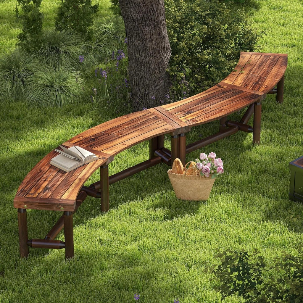 Panca da giardino resistente alle intemperie per 3 persone, panca da balcone in legno massello carbonizzato, panca da giardino, panca da terrazza fino a 360 kg, panca in legno curvo, panca da