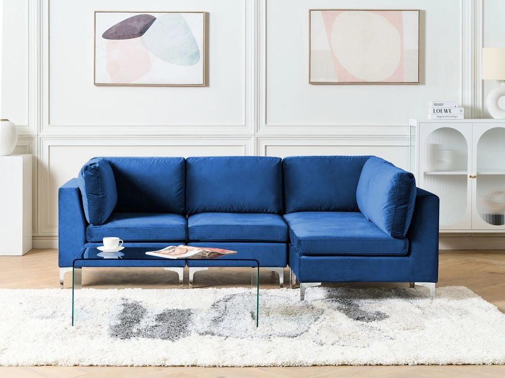 Divano ad angolo componibile versione sinistra a 4 posti in velluto blu marino con gambe in metallo argento stile glamour