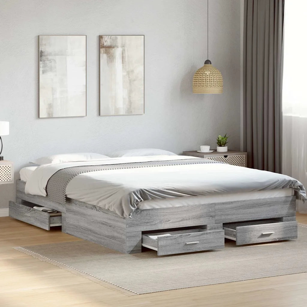 Letto matrimoniale | Letto per adulti | Giroletto Cassetti Grigio Sonoma 150x200 cm Legno Multistrato