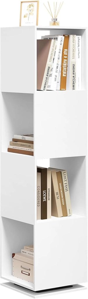 Libreria Girevole a 4 Piani, Saffale Salvaspazio, Libreria Bianca per Camera da Letto, Soggiorno, Ufficio, Studio, 35 x 145 x 35 cm