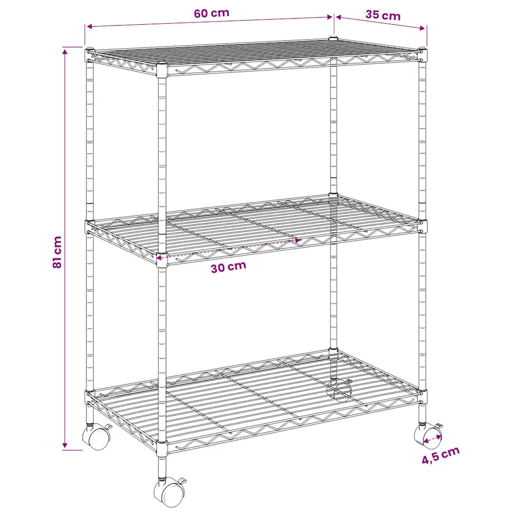 Scaffale a 3 Livelli con Ruote 60x35x81 cm Cromato 150 kg CFW7943702