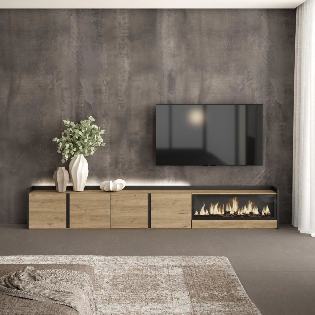 Mobile TV Soggiorno, 315x50x35 cm, Per TV fino a 80", Camino elettrico XXL, LED, Rovere e nero