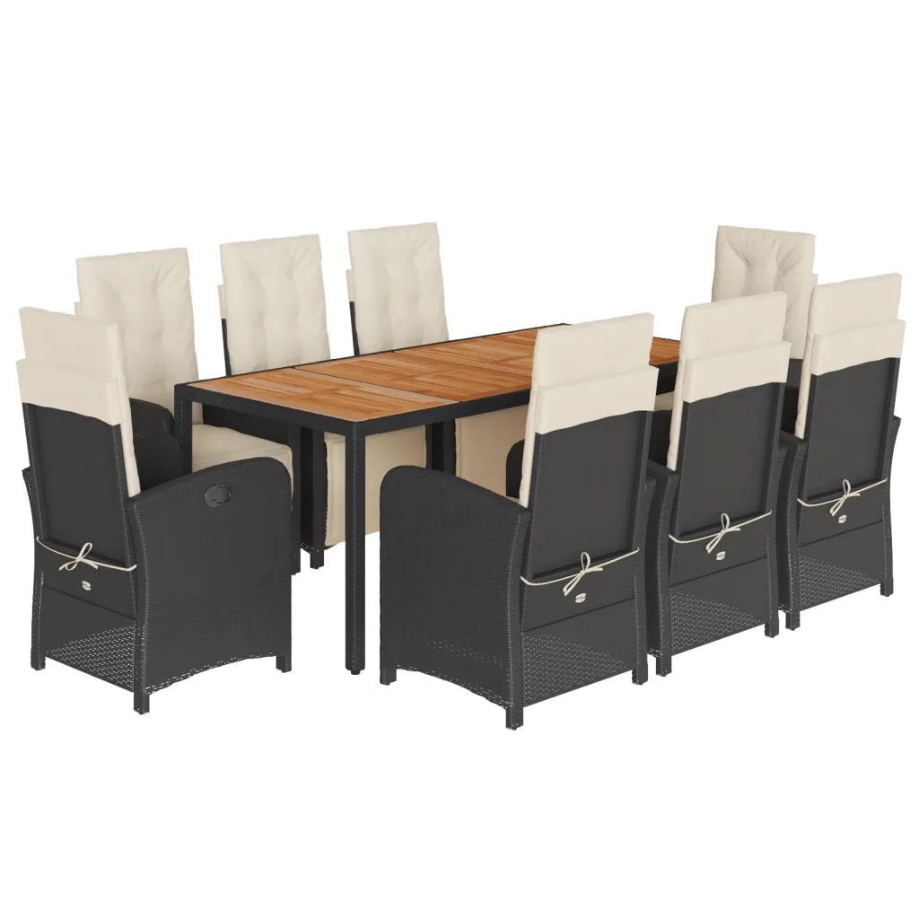 Set da Pranzo da Giardino 9 pz con Cuscini Nero in Polyrattan
