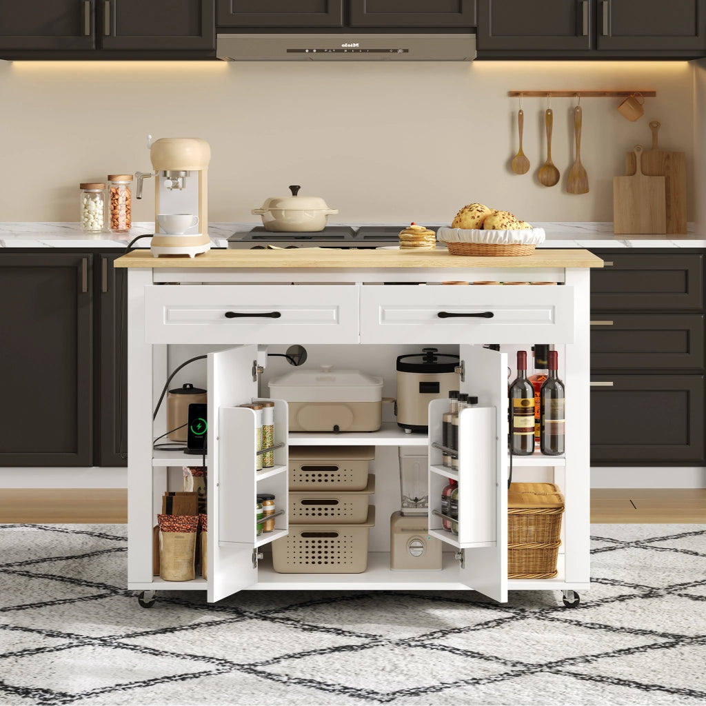 Isola Cucina Mobile Allungabile 120 cm ¨C MINIMAL ¨C con Cassetti, Ante e Presa Elettrica