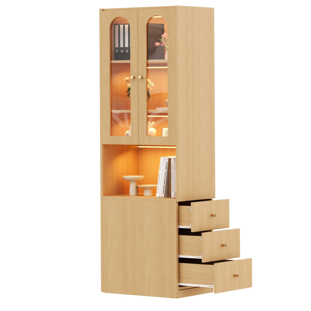 Libreria Alta con Vetrina in Vetro, LED e Cassetti ¨C MINIMAL ¨C Rovere, 60x40x200