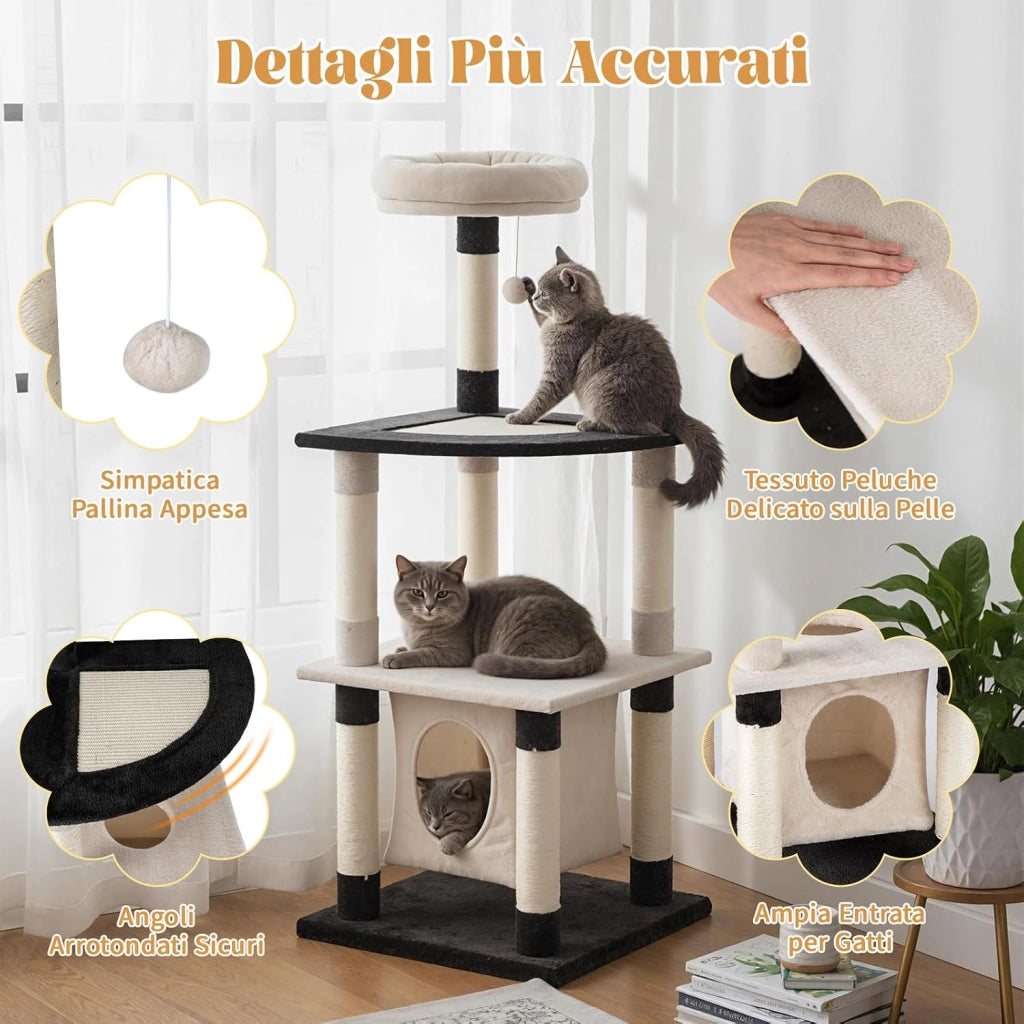 Albero per Gatti, Tiragraffi per Gatti con Tiragraffi in Sisal e Tavole, Piattaforma Arcuata, Posatoio Imbottito in Cima, Condominio con Buco e Piattaforma Arcuata
