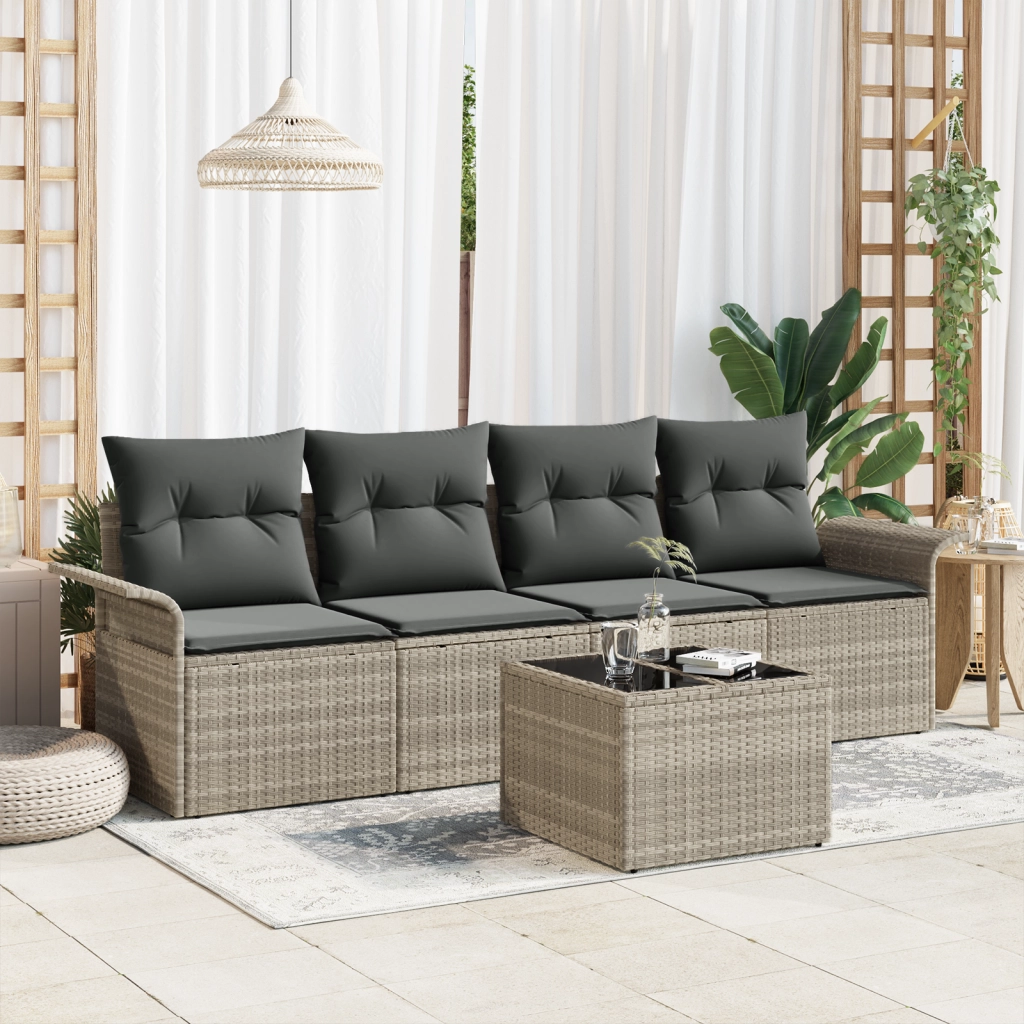 Set di divani da giardino da 5 pezzi con cuscini grigio chiaro in polyrattan