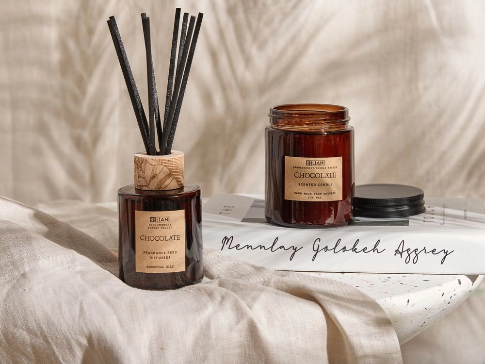 Set di fragranze Candela e diffusore di ancia Bastoncini profumati 100% cera di soia Stoppino di cotone Vetro Cioccolato