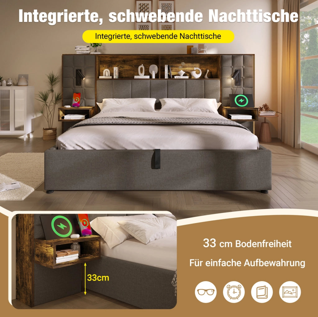 Letto matrimoniale 160x200 cm con contenitore idraulico; luci lettura e comodini; grigio