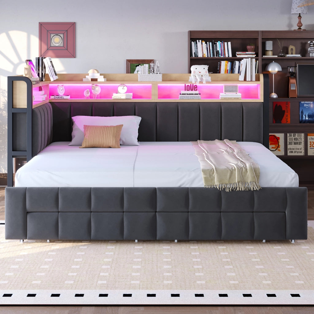 Divano letto imbottito 90x200 trasformabile 180x200, contenitori, cassetti, LED e USB/Type-C