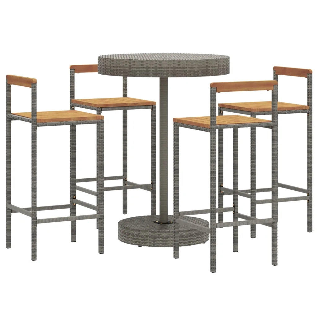Set Bar Giardino 5pz | Set Salotto da Giardino Grigio Polyrattan e Legno Massello Acacia