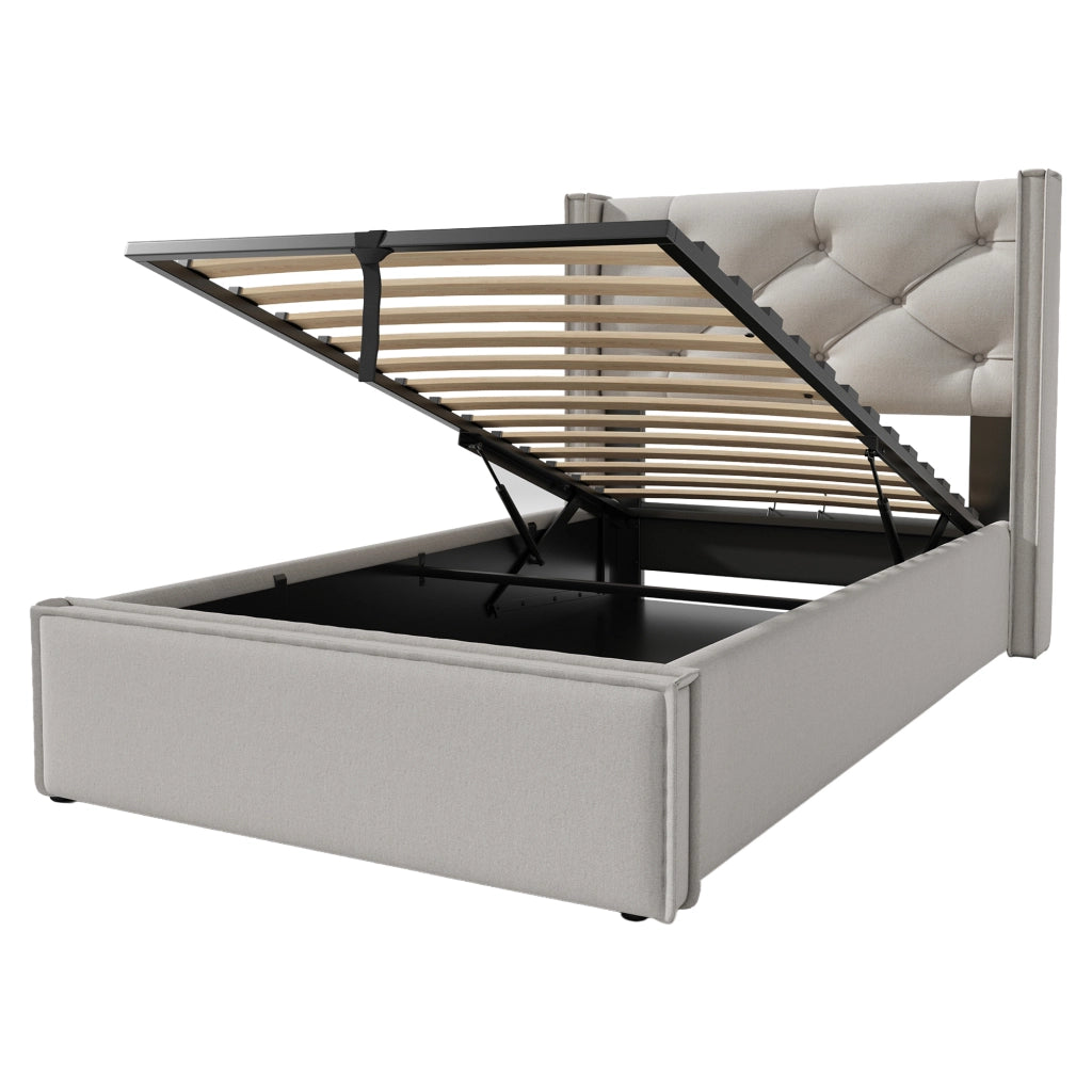 Letto Singolo 90x200 Grigio Chiaro con Contenitore Idraulico; Testiera Imbottita e Rete a Doghe