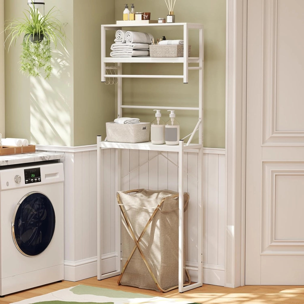 Scaffale WC a 3 livelli con asta per asciugamani e 3 ganci a forma di S, con gambe in metallo, 64 x 24 x 162 cm, bianco