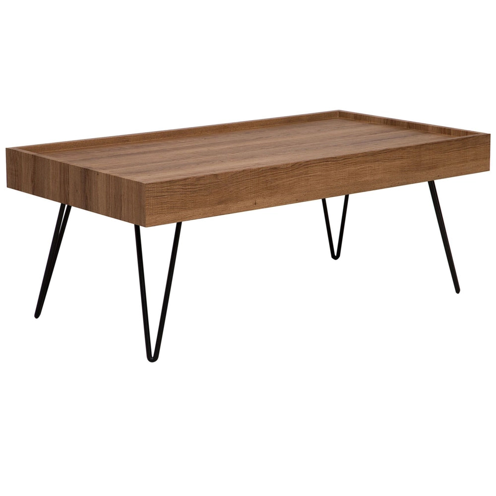 Tavolino da caffè in legno marrone 120 x 60 cm gambe a forcina in metallo Nero piano rettangolare con bordi rialzati soggiorno