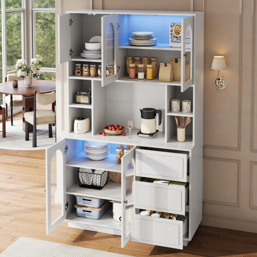 Credenza alta con ante ad arco in acrilico 3 cassetti e LED con controllo app per cucina e soggiorno 106 × 30 × 175 cm