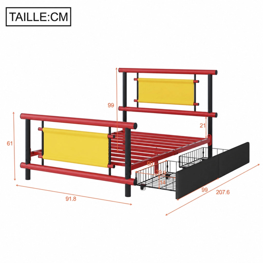 DESMIU Letto per bambini 90 × 200 cm con 2 cassetti, senza materasso, in metallo, rosso, per camera bambini