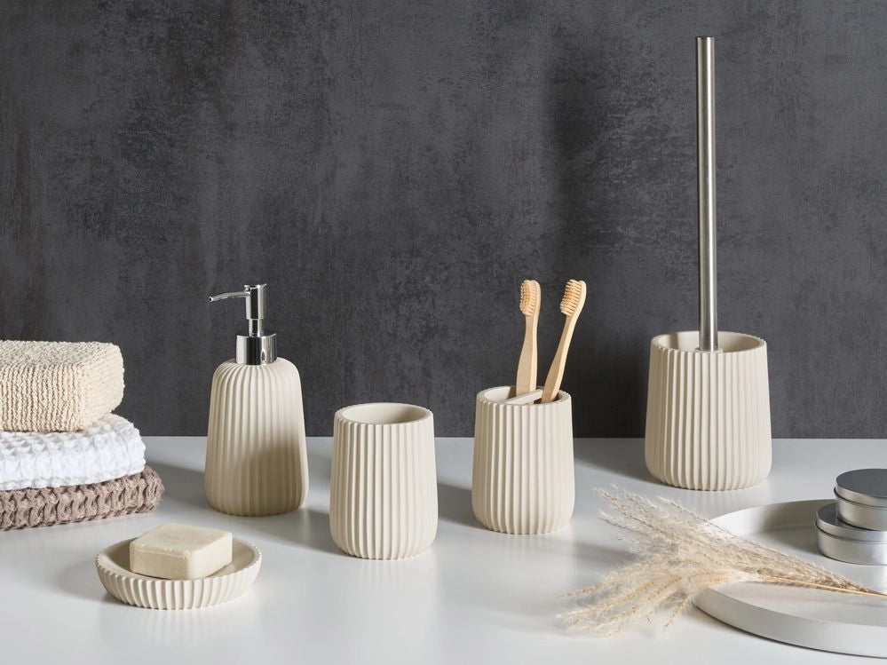 Set accessori bagno 5 pezzi portasapone, dispenser, porta scopino, bicchiere, porta spazzolini beige