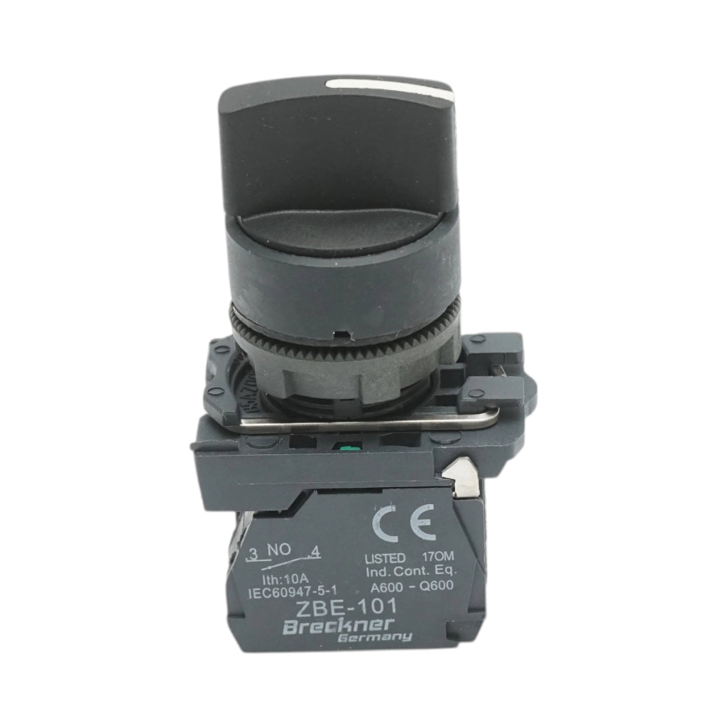 Selettore a 3 posizioni con ritorno, nero, 1NO+1NC, 24V/10A, TB5 Breckner Germany