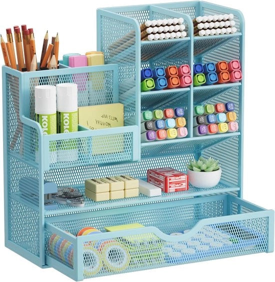Organizzatore per Bureaux con Rete e Pannelli Portaoggetti Multifunzionale Supporto per Matite e Oggetti Desktop Opzione per Home Office Blu