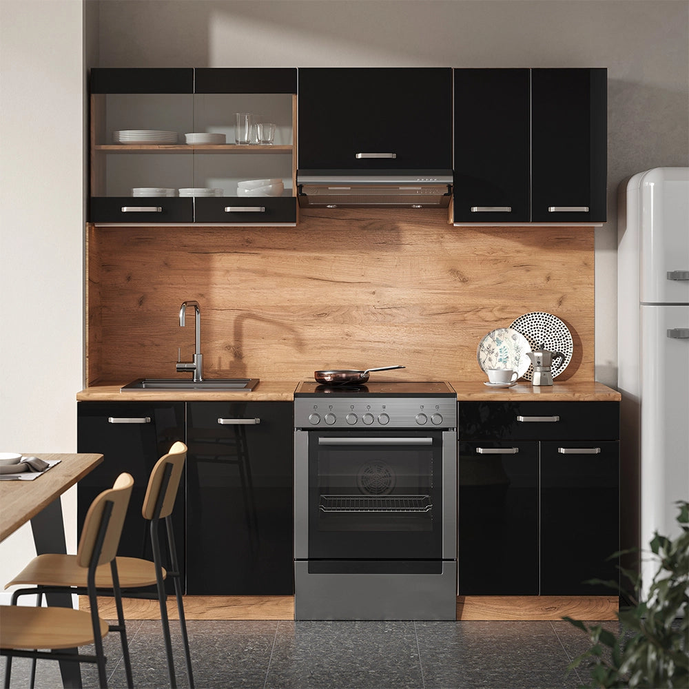 Vicco Cucina componibile Rovere nero/oro lucido 200 cm , PL Rovere