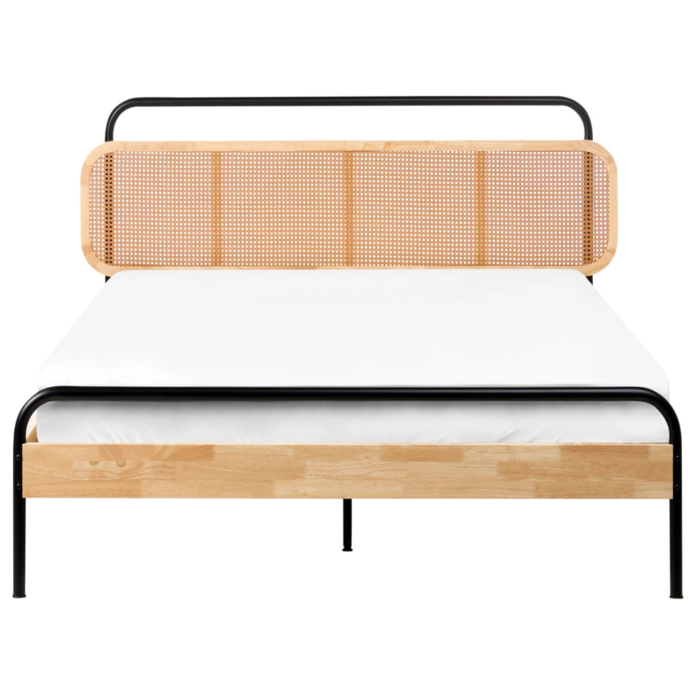 Letto matrimoniale moderno base a doghe con testata a treccia viennese in legno di gomma chiaro 140 x 200 cm Camera da letto
