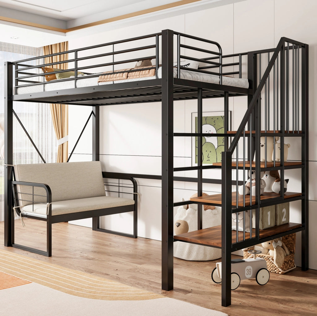LETTO A CASTELLO 90x200 cm in metallo e MDF nero con divano imbottito rimovibile