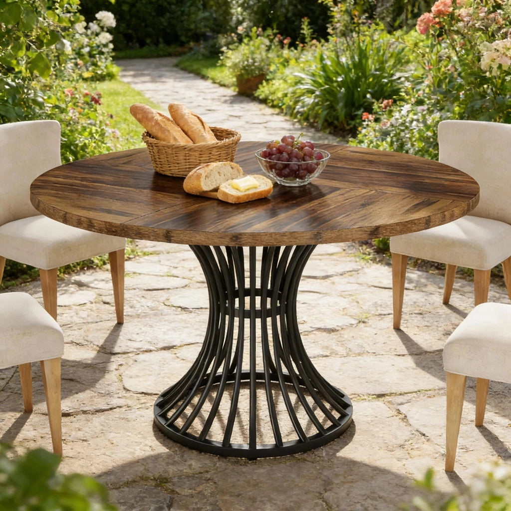 Tavolo da pranzo rotondo per 6 persone con base a clessidra e piedini regolabili in MDF e metallo nero