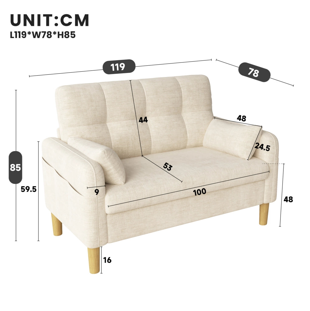 Divano 2 posti in ciniglia beige con cuscini e tasca laterale