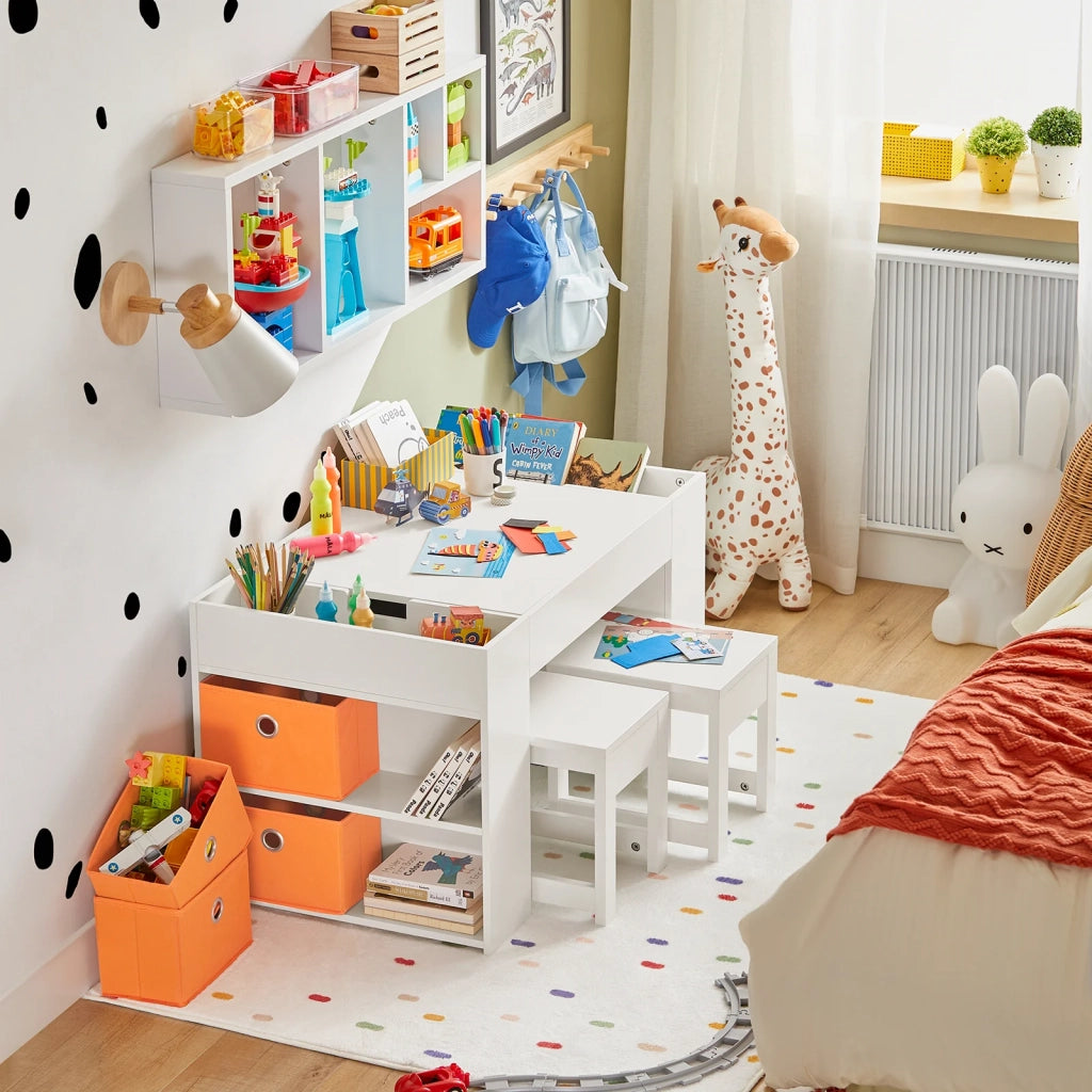 Tavolo Per Bambini Con 2 Sgabelli Set Mobili Per Bambini Tavolo Da Gioco Con Spazio Di Archiviazione 87x50x50 Cm KMB75-W SoBuy