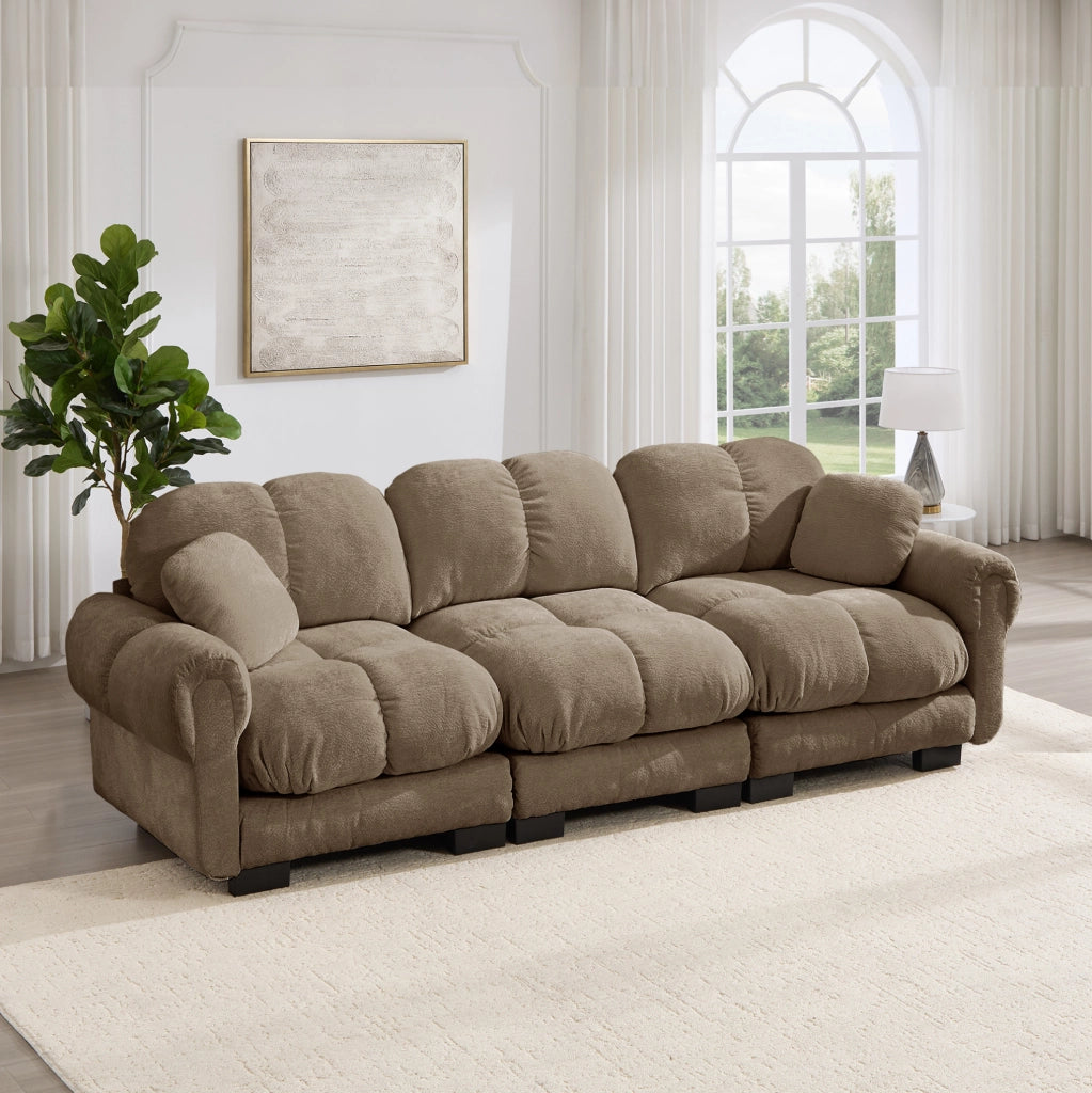 Divano modulare 3 posti ULEVR 260x86x90 cm in ciniglia marrone con cuscini spessi e 2 cuscini decorativi