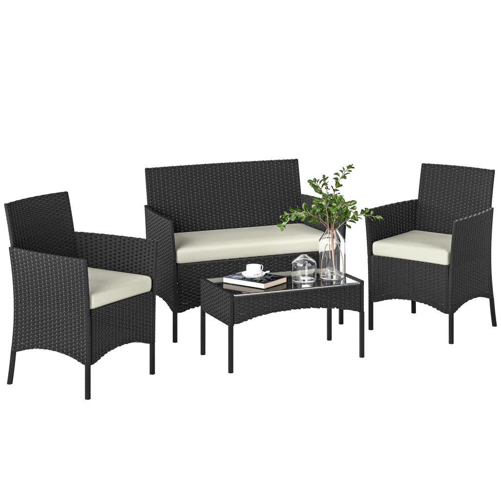 Set Divano Giardino in Polyrattan con Tavolino Vetro e Cuscini ¨C Zephmum ¨C Nero e Crema
