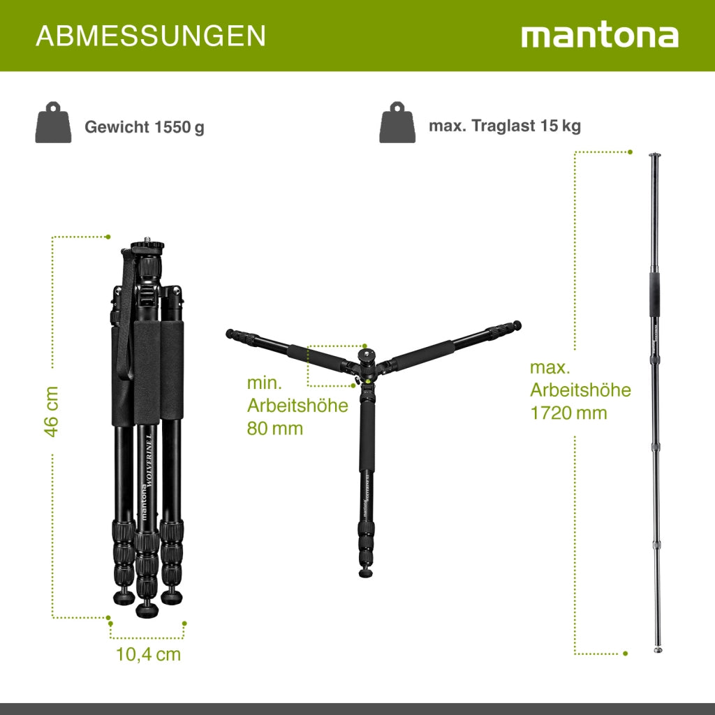 Mantona Wolverine L 284 treppiede per fotocamera in alluminio, cavalletto fino a 15 kg, altezza regolabile fino a 166 cm, punte, livella a bolla, lampada LED, utilizzabile anche come monopiede