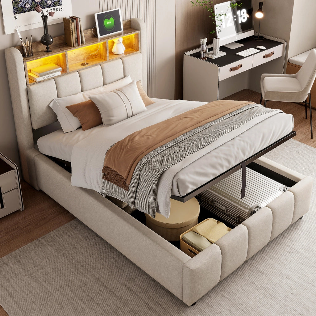 Letto imbottito 90x200 cm con LED; contenitore in lino beige